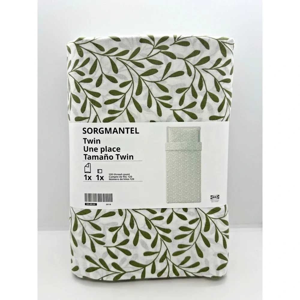 Ikea SORGMANTEL Twin Duvet cover and pillowcase white/green leaf NEW